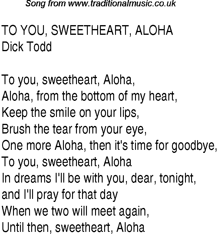 Music charts top songs 1940 - lyrics for To You Sweetheart Aloha