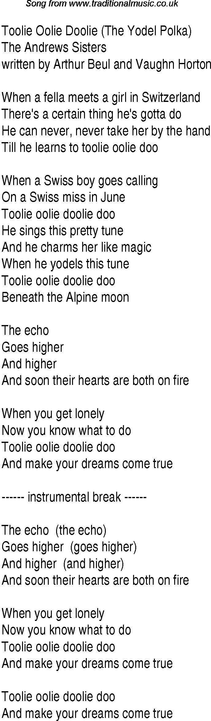 Music charts top songs 1949 - lyrics for Toolie Oolie Doolie