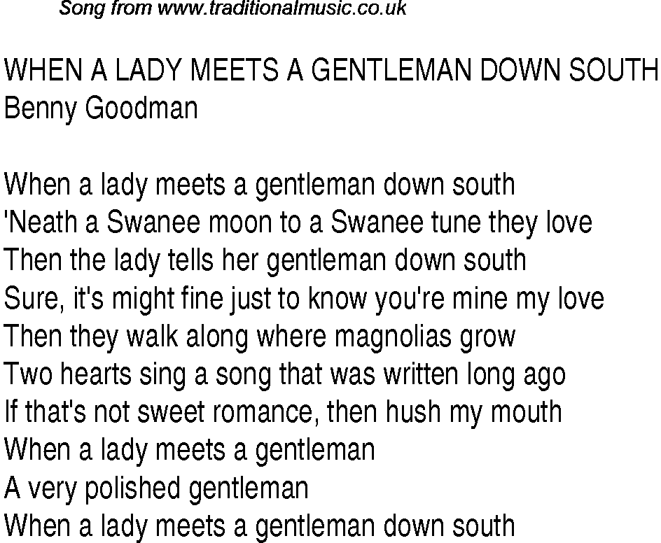 Music charts top songs 1936 - lyrics for When A Lady Meets A Gentleman Down South
