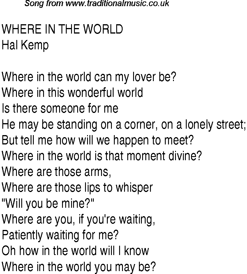 Music charts top songs 1938 - lyrics for Where In The World