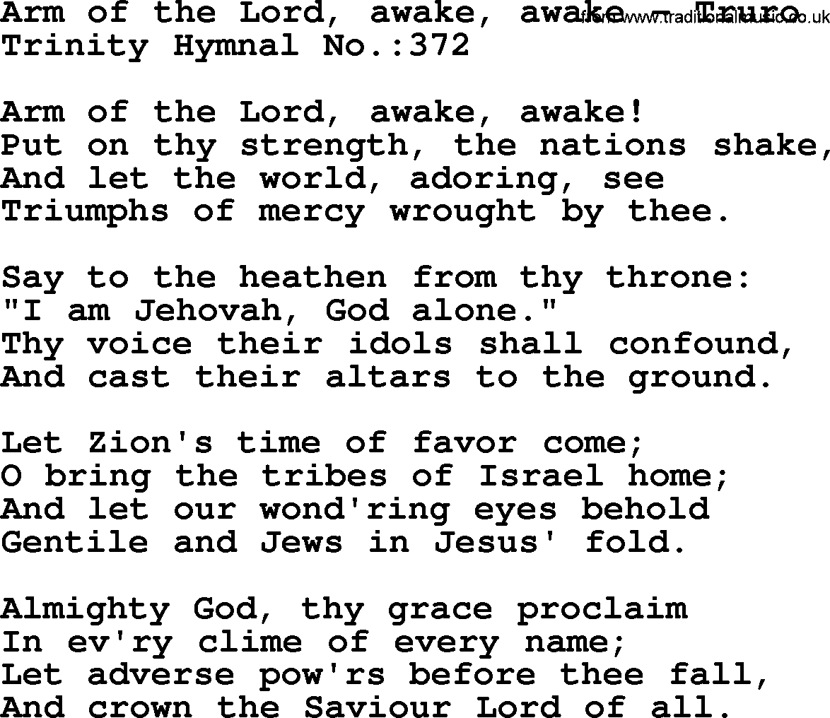 Trinity Hymnal Hymn: Arm Of The Lord, Awake, Awake--Truro, lyrics with midi music