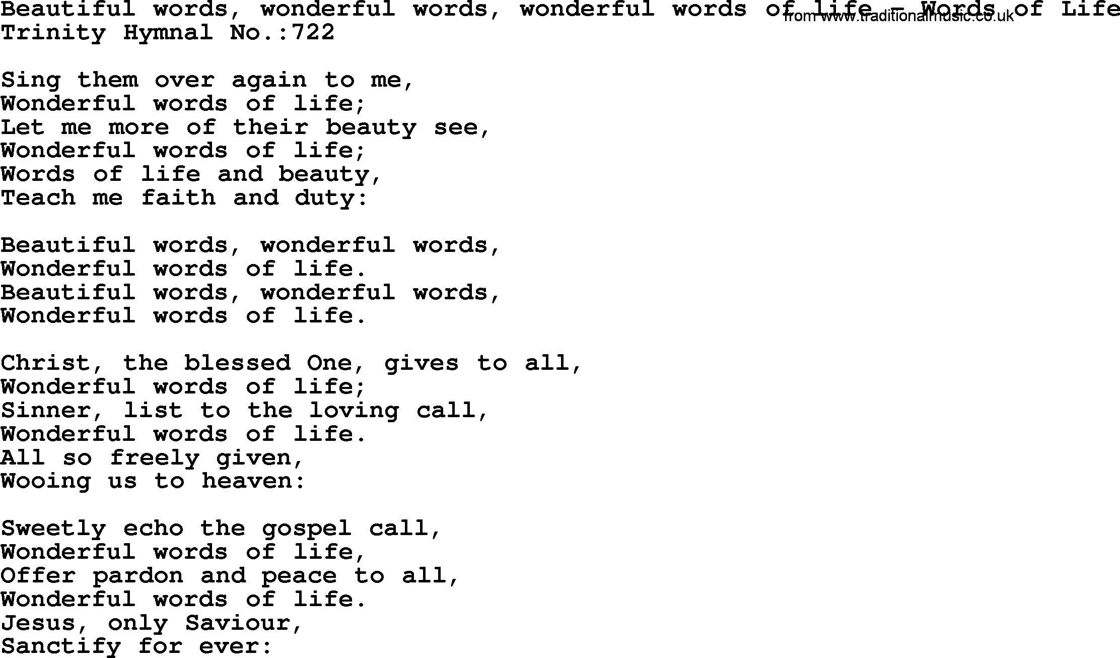 Trinity Hymnal Hymn: Beautiful Words, Wonderful Words, Wonderful Words Of Life--Words Of Life, lyrics with midi music