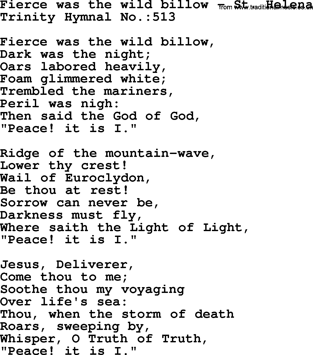 Trinity Hymnal Hymn: Fierce Was The Wild Billow--St. Helena, lyrics with midi music