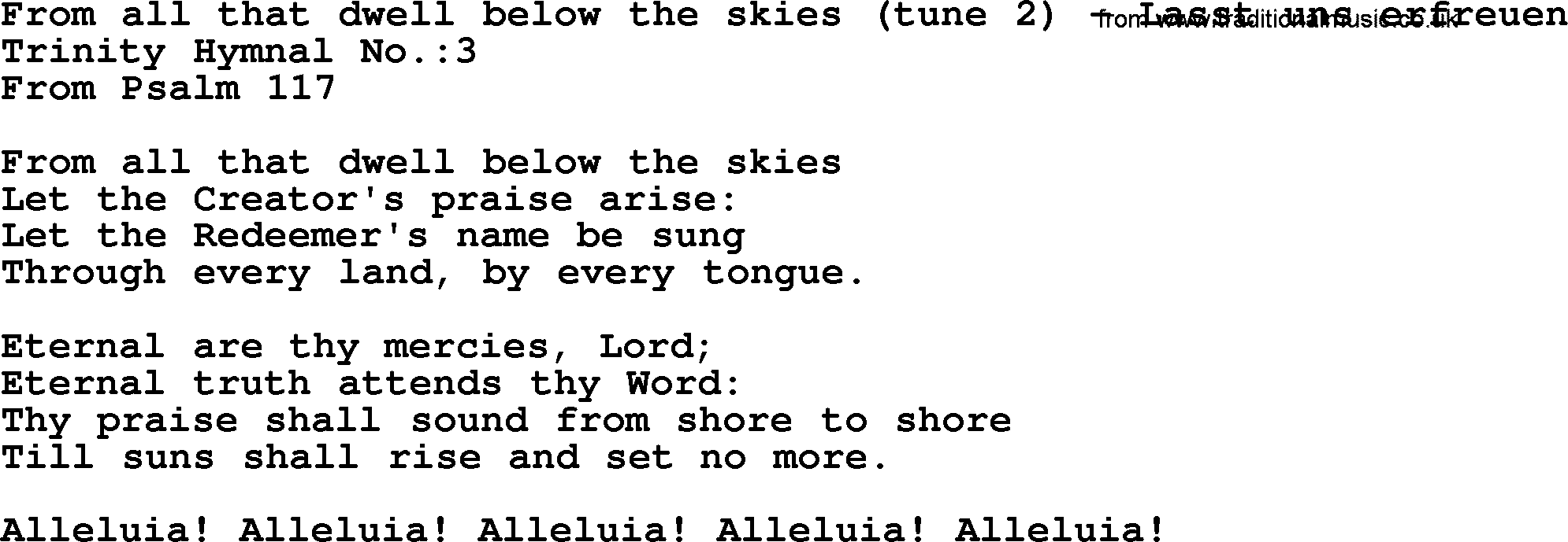 Trinity Hymnal Hymn: From All That Dwell Below The Skies--Lasst Uns Erfreuen, lyrics with midi music