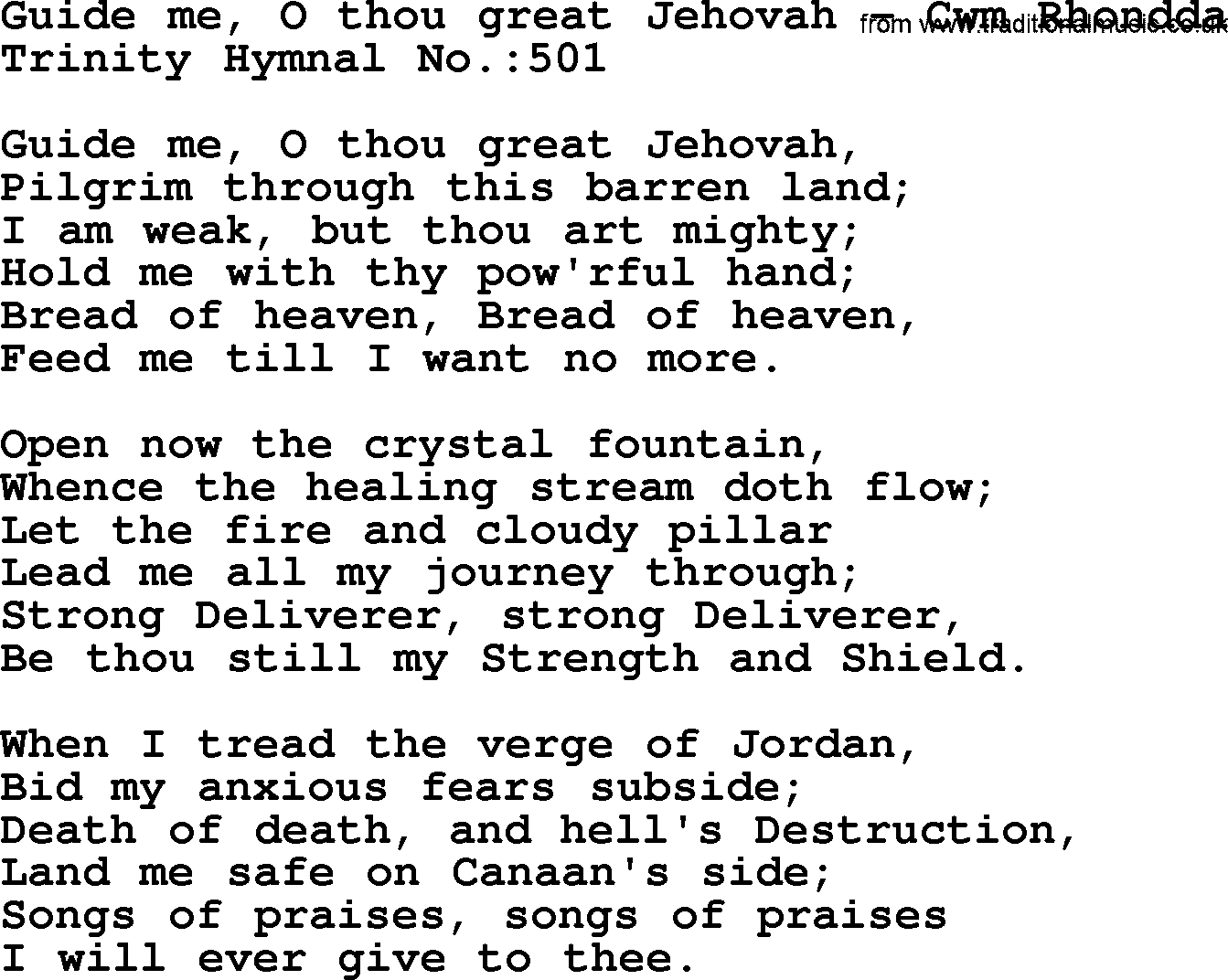 Trinity Hymnal Hymn: Guide Me, O Thou Great Jehovah--Cwm Rhondda, lyrics with midi music