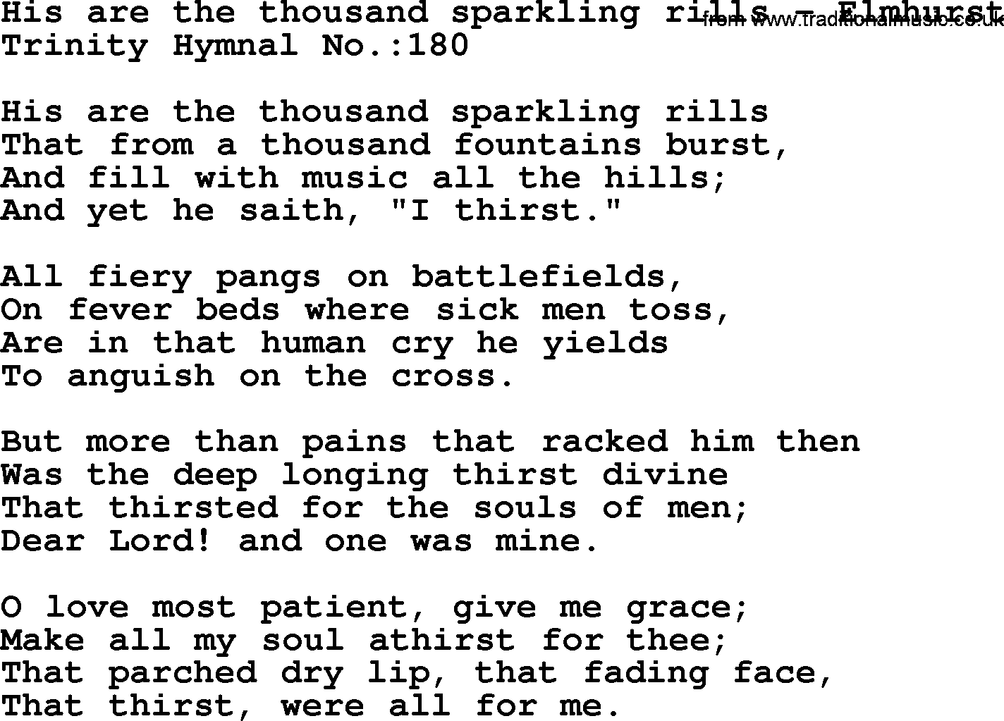 Trinity Hymnal Hymn: His Are The Thousand Sparkling Rills--Elmhurst, lyrics with midi music