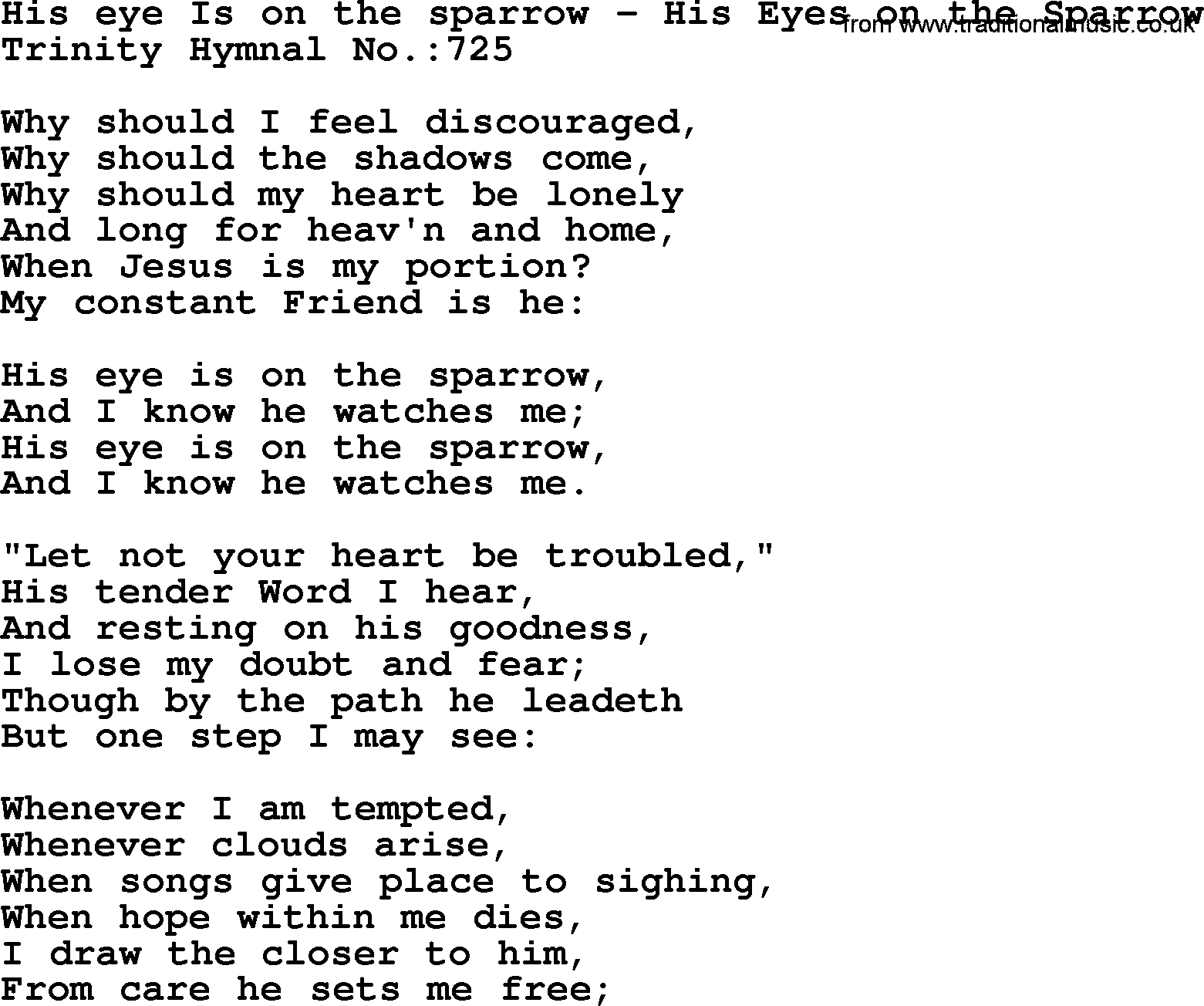 Trinity Hymnal Hymn: His Eye Is On The Sparrow--His Eyes On The Sparrow, lyrics with midi music