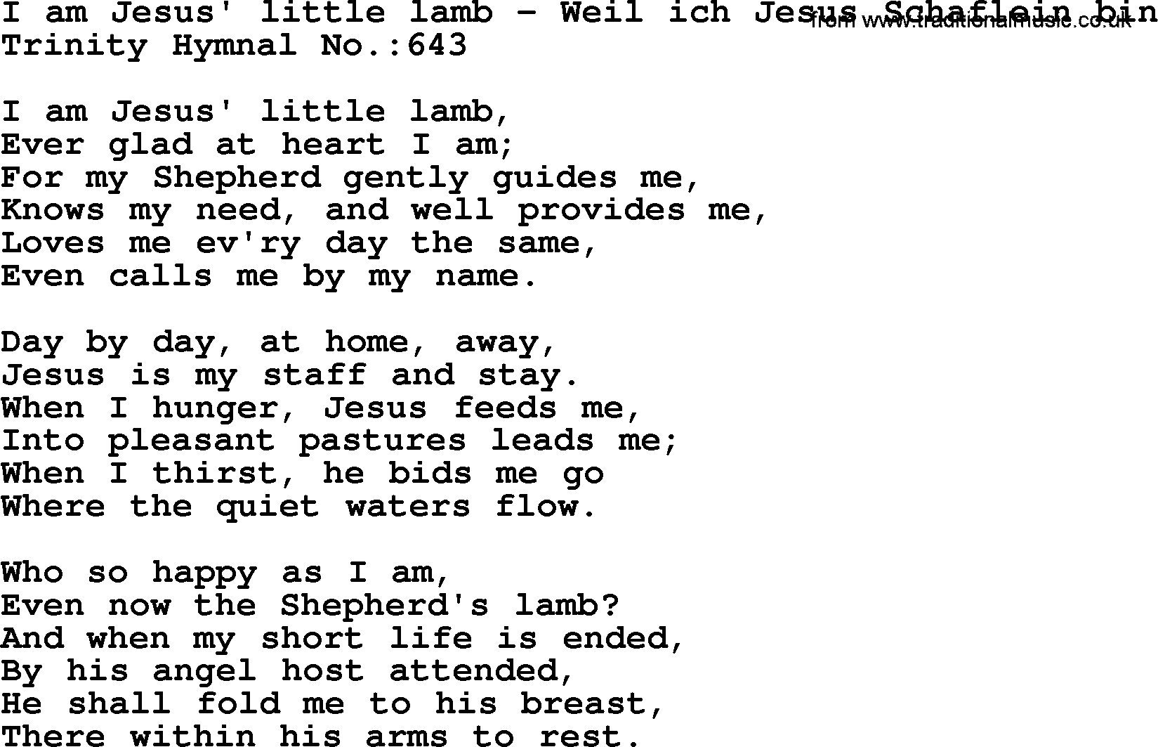 Trinity Hymnal Hymn: I Am Jesus' Little Lamb--Weil Ich Jesus Schaflein Bin, lyrics with midi music