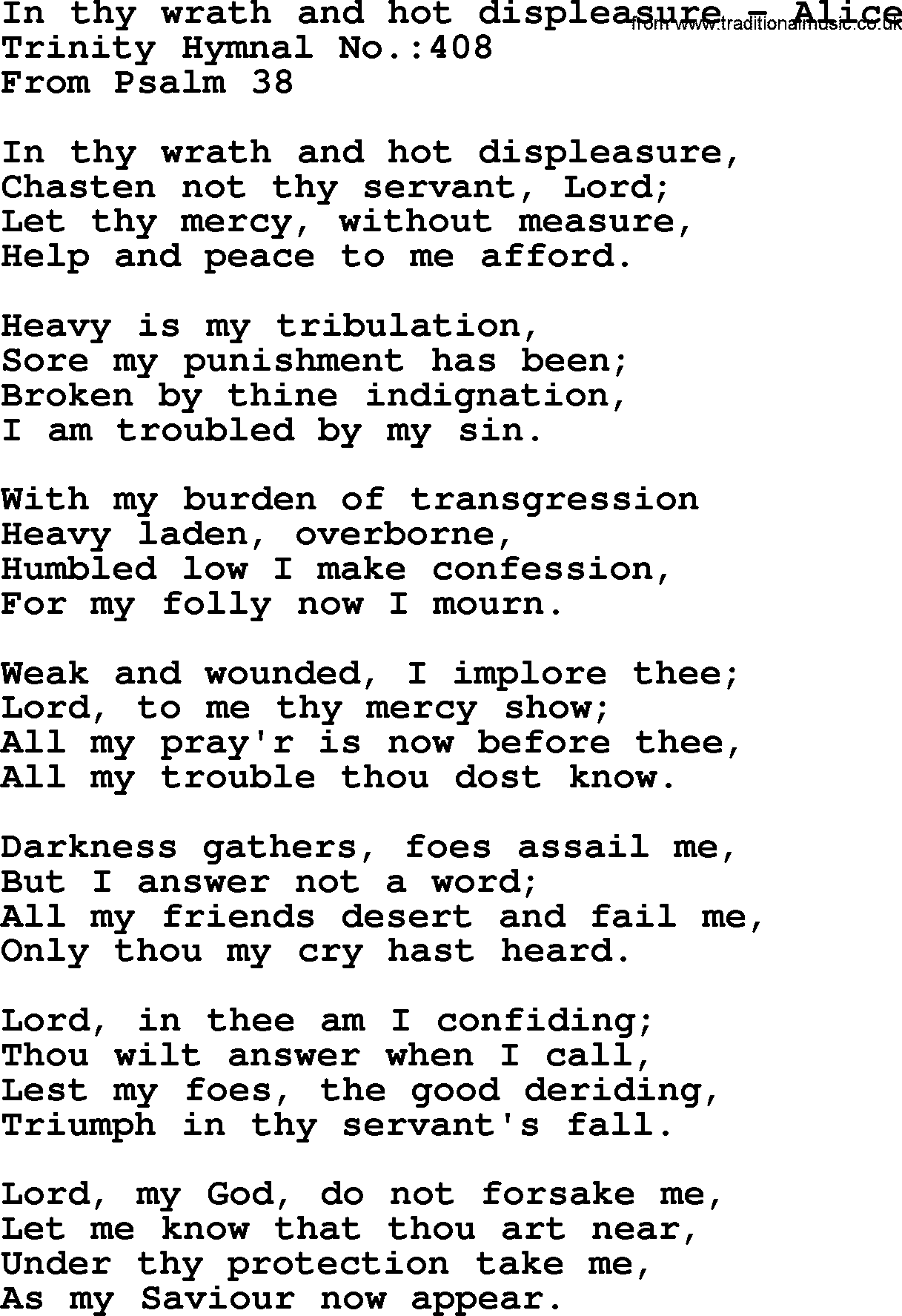 Trinity Hymnal Hymn: In Thy Wrath And Hot Displeasure--Alice, lyrics with midi music