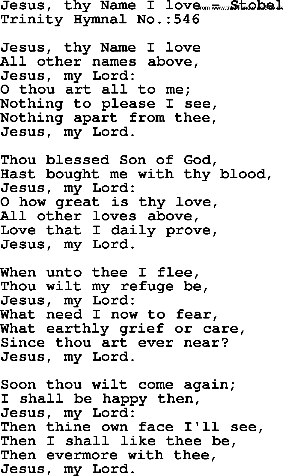 Trinity Hymnal Hymn: Jesus, Thy Name I Love--Stobel, lyrics with midi music