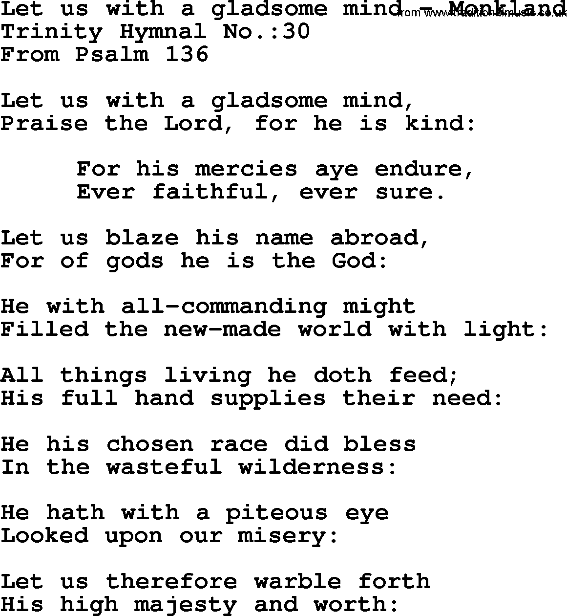 Trinity Hymnal Hymn: Let Us With A Gladsome Mind--Monkland, lyrics with midi music