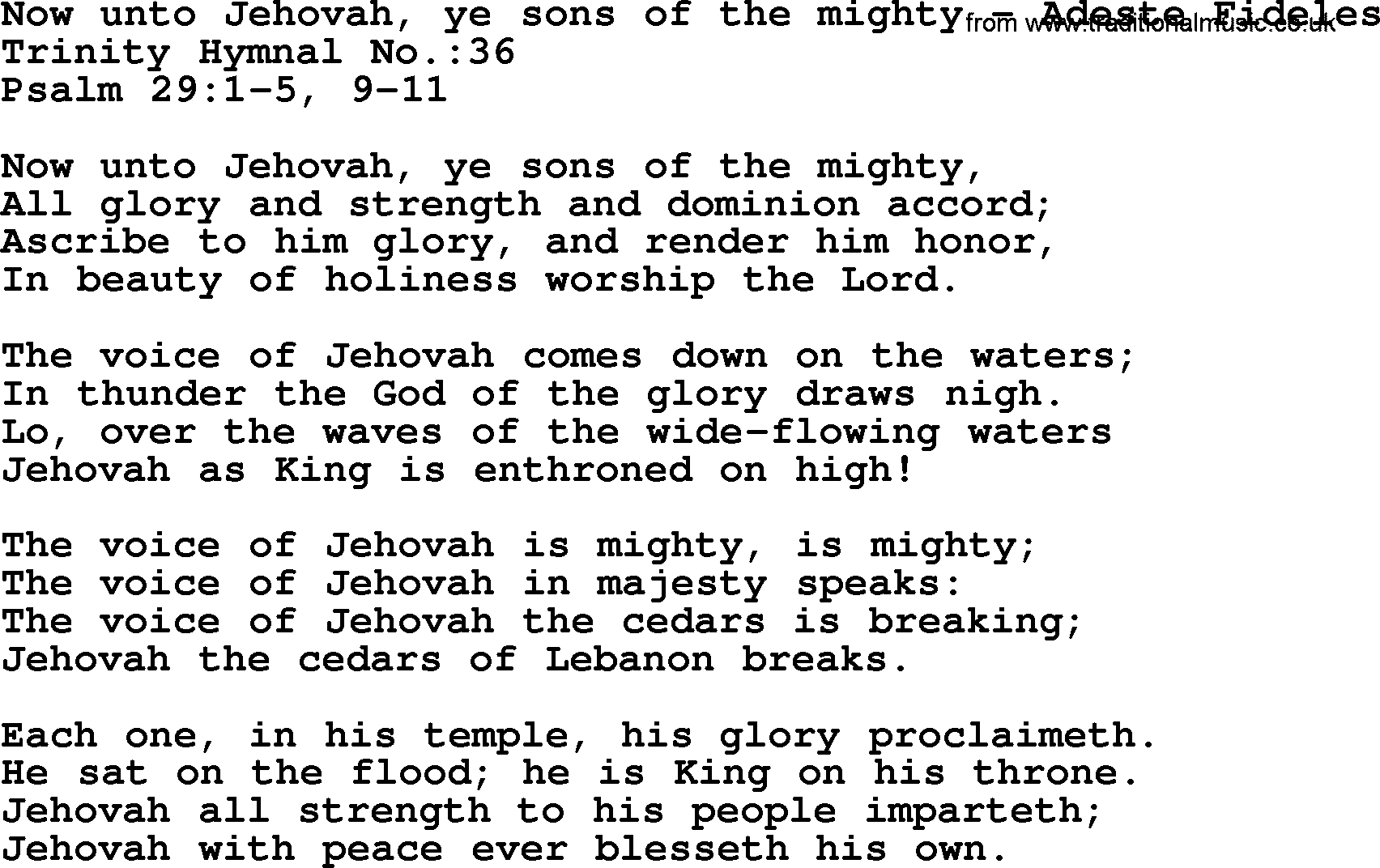Trinity Hymnal Hymn: Now Unto Jehovah, Ye Sons Of The Mighty--Adeste Fideles, lyrics with midi music