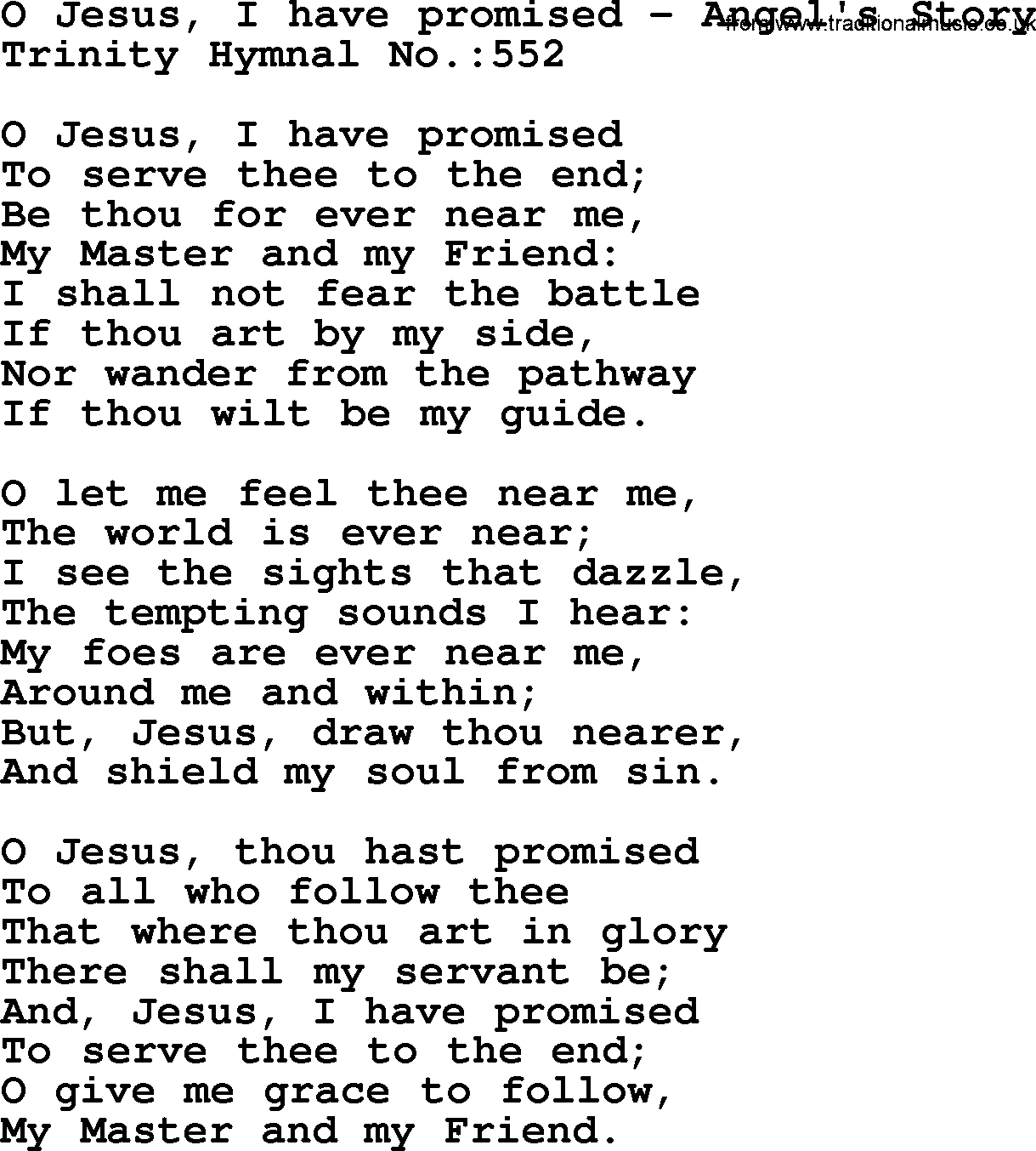 Trinity Hymnal Hymn: O Jesus, I Have Promised--Angel's Story, lyrics with midi music