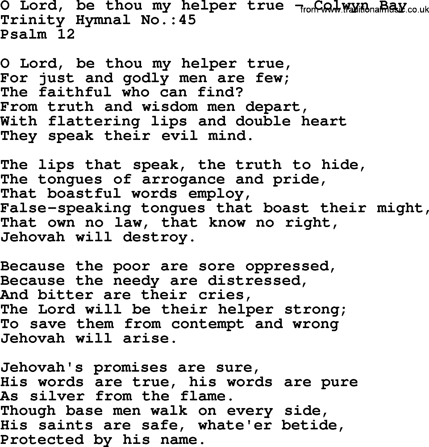 Trinity Hymnal Hymn: O Lord, Be Thou My Helper True--Colwyn Bay, lyrics with midi music