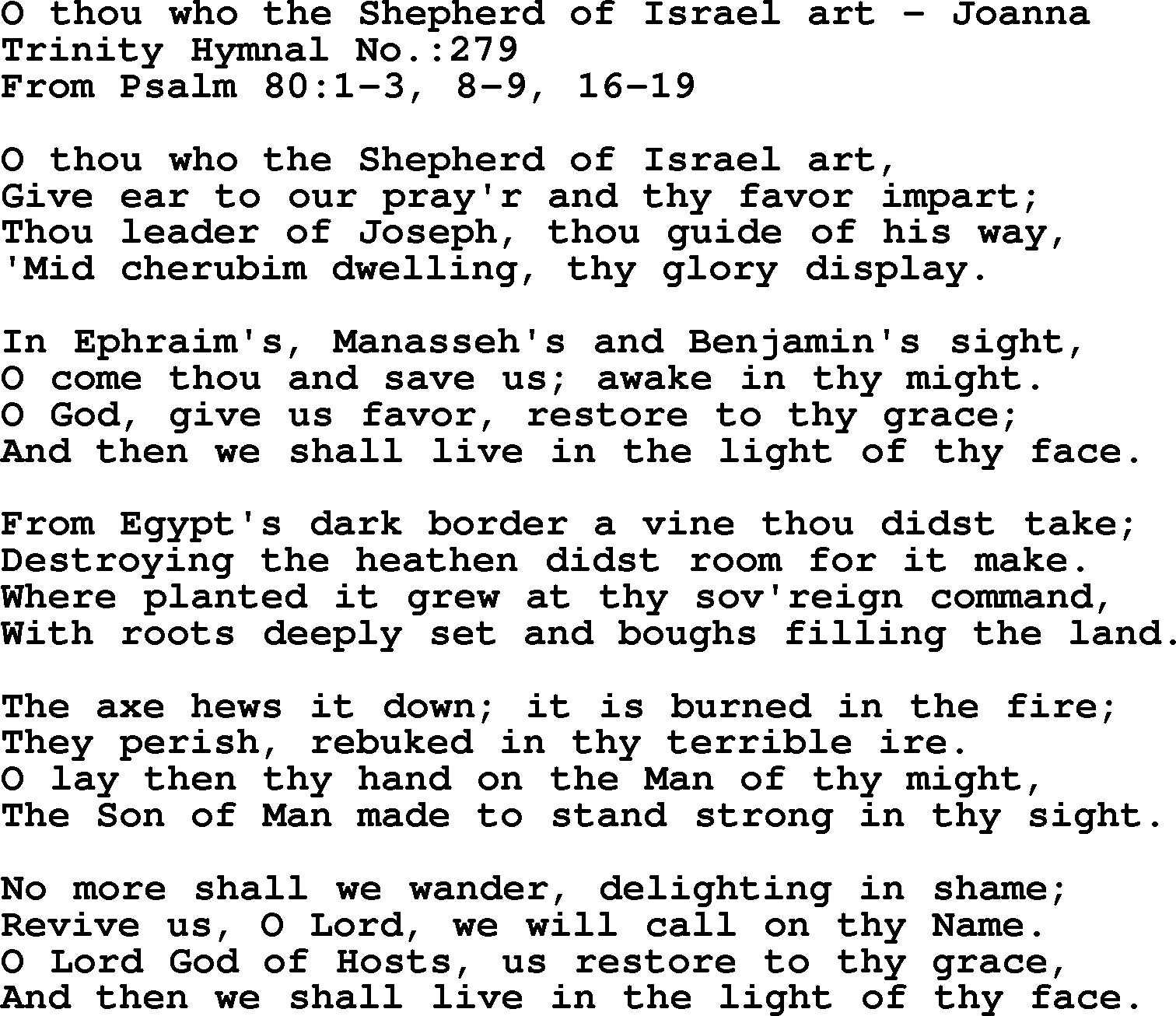 Trinity Hymnal Hymn: O Thou Who The Shepherd Of Israel Art--Joanna, lyrics with midi music