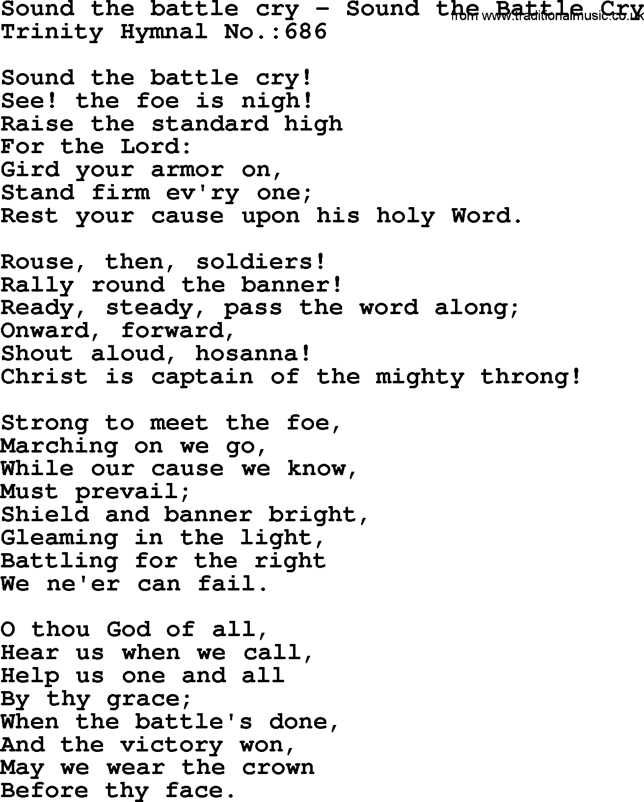 Trinity Hymnal Hymn: Sound The Battle Cry--Sound The Battle Cry, lyrics with midi music