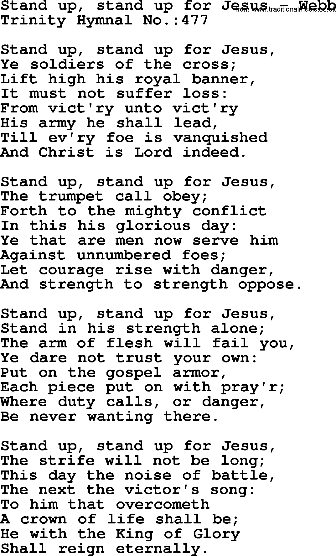 Trinity Hymnal Hymn: Stand Up, Stand Up For Jesus--Webb, lyrics with midi music
