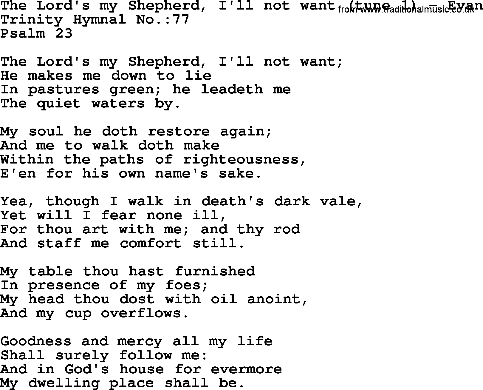 Trinity Hymnal Hymn: The Lord's My Shepherd, I'll Not Want--Evan, lyrics with midi music
