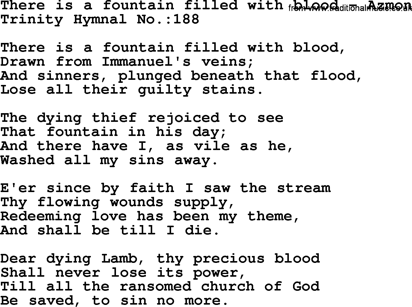 Trinity Hymnal Hymn: There Is A Fountain Filled With Blood--Azmon, lyrics with midi music