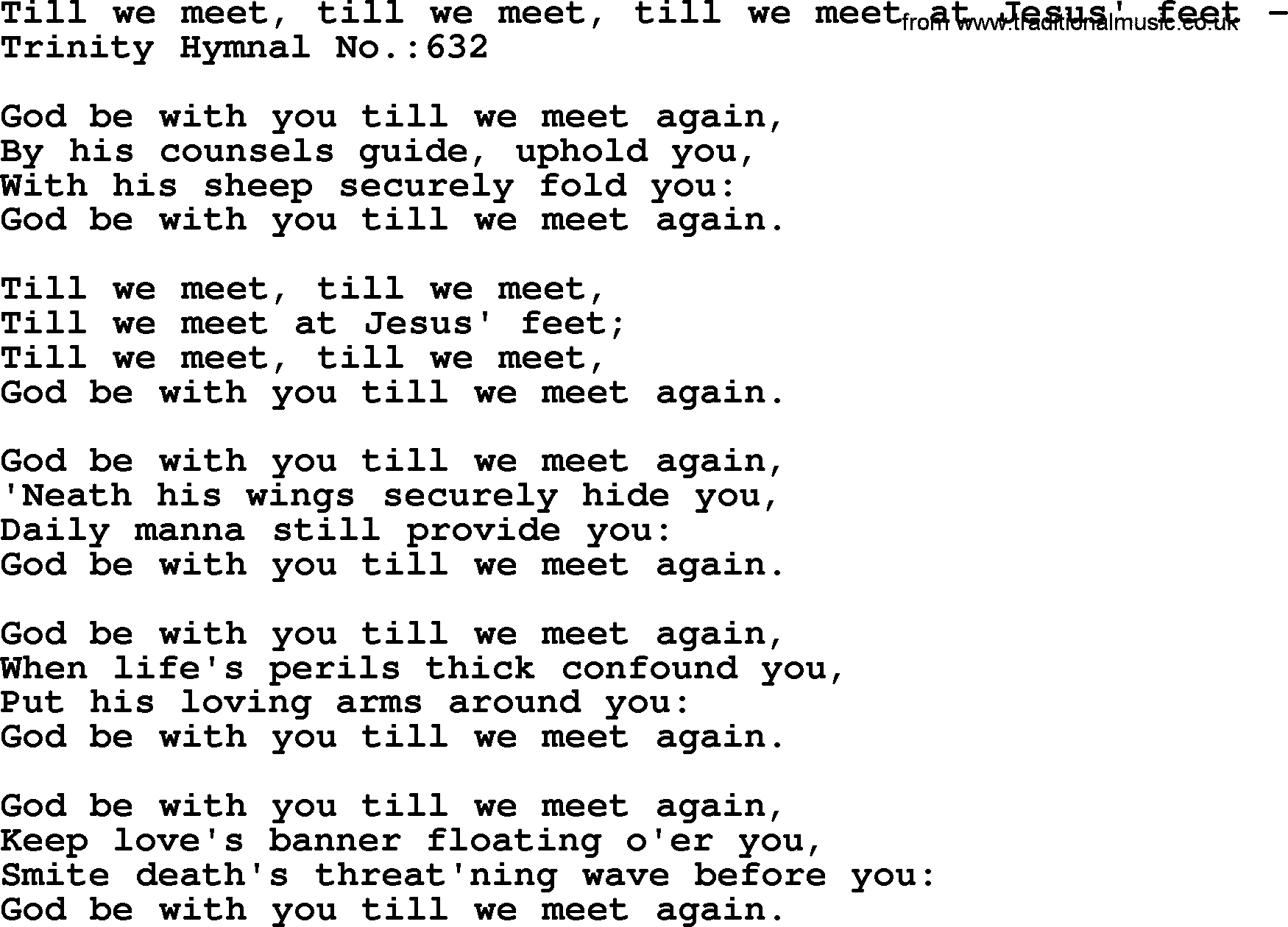 Trinity Hymnal Hymn: Till We Meet, Till We Meet, Till We Meet At Jesus' Feet -, lyrics with midi music