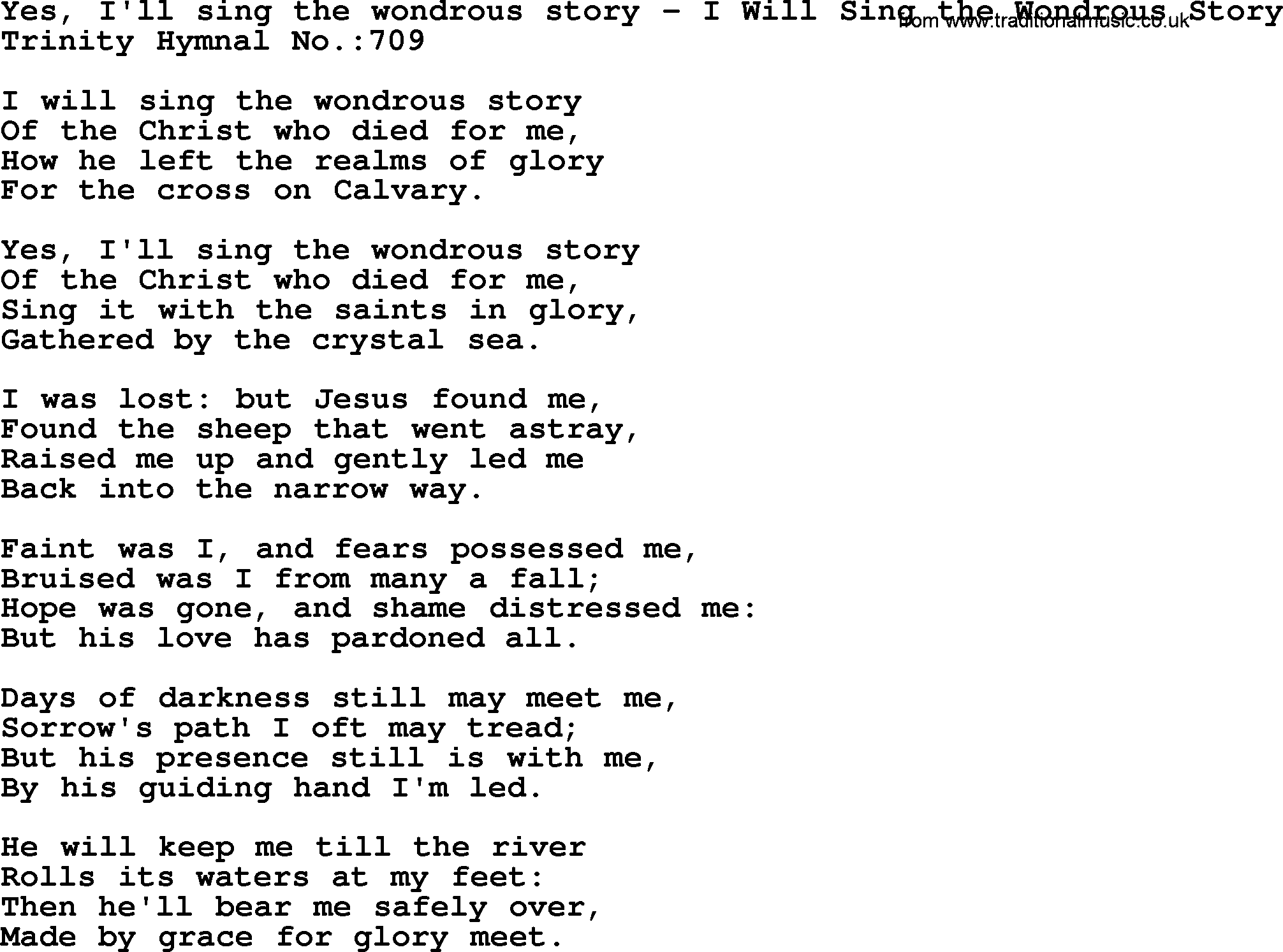 Trinity Hymnal Hymn: Yes, I'll Sing The Wondrous Story--I Will Sing The Wondrous Story, lyrics with midi music
