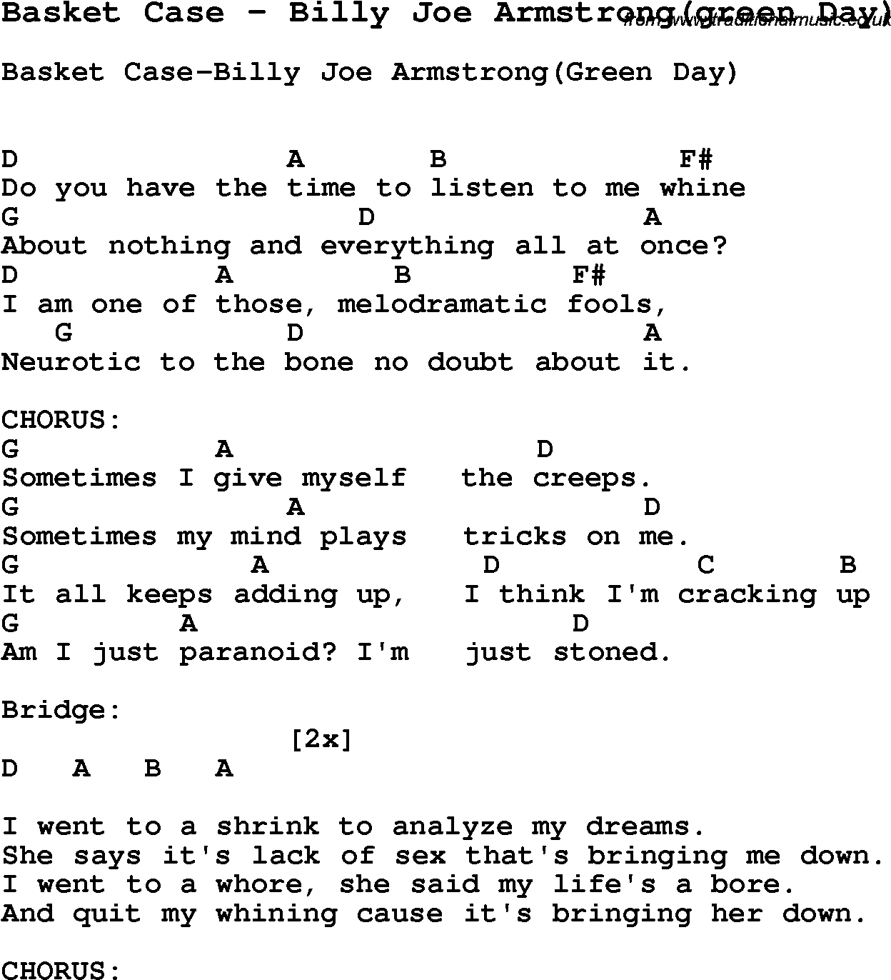 Song Basket Case by Billy Joe Armstrong(green Day), with lyrics for vocal performance and accompaniment chords for Ukulele, Guitar Banjo etc.