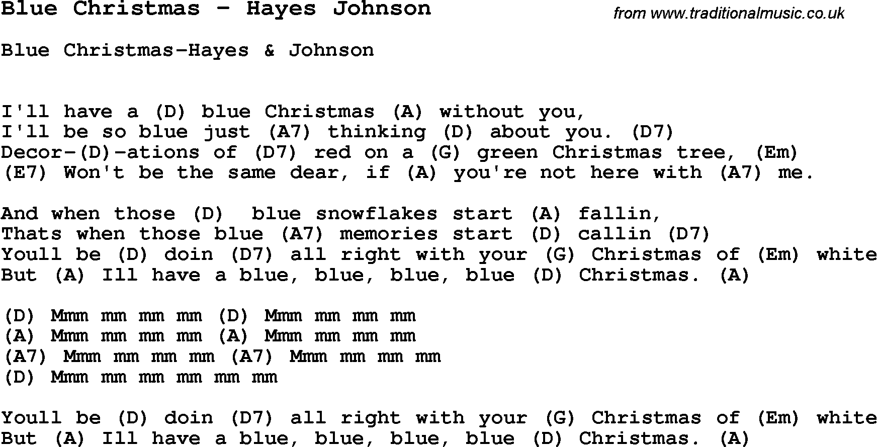 Song Blue Christmas by Hayes Johnson, with lyrics for vocal performance and accompaniment chords for Ukulele, Guitar Banjo etc.