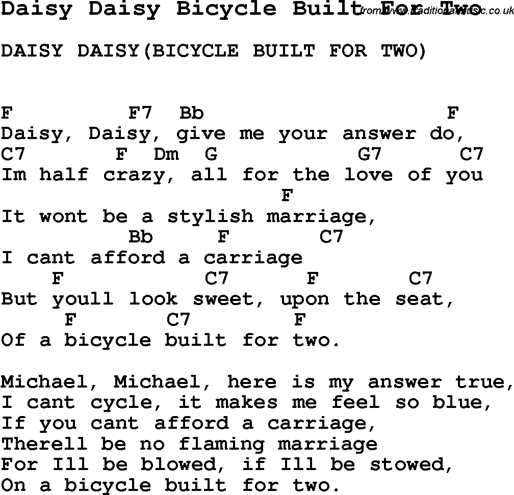 Song Daisy Daisy Bicycle Built For Two , with lyrics for vocal performance and accompaniment chords for Ukulele, Guitar Banjo etc.
