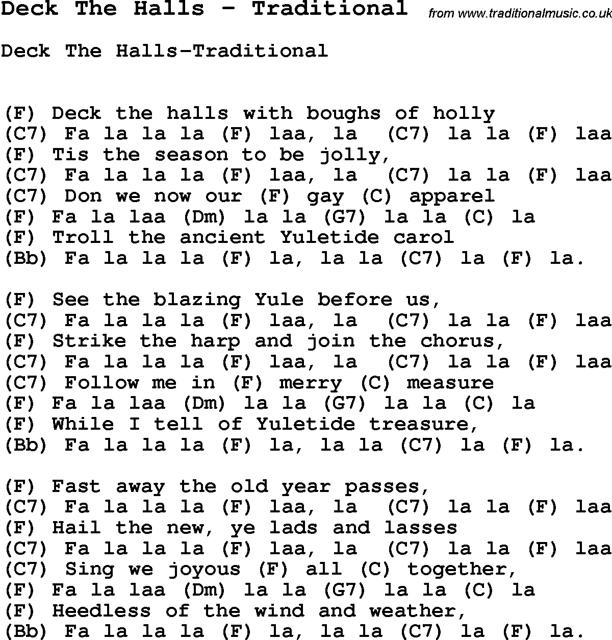 Song Deck The Halls by Traditional, with lyrics for vocal performance and accompaniment chords for Ukulele, Guitar Banjo etc.