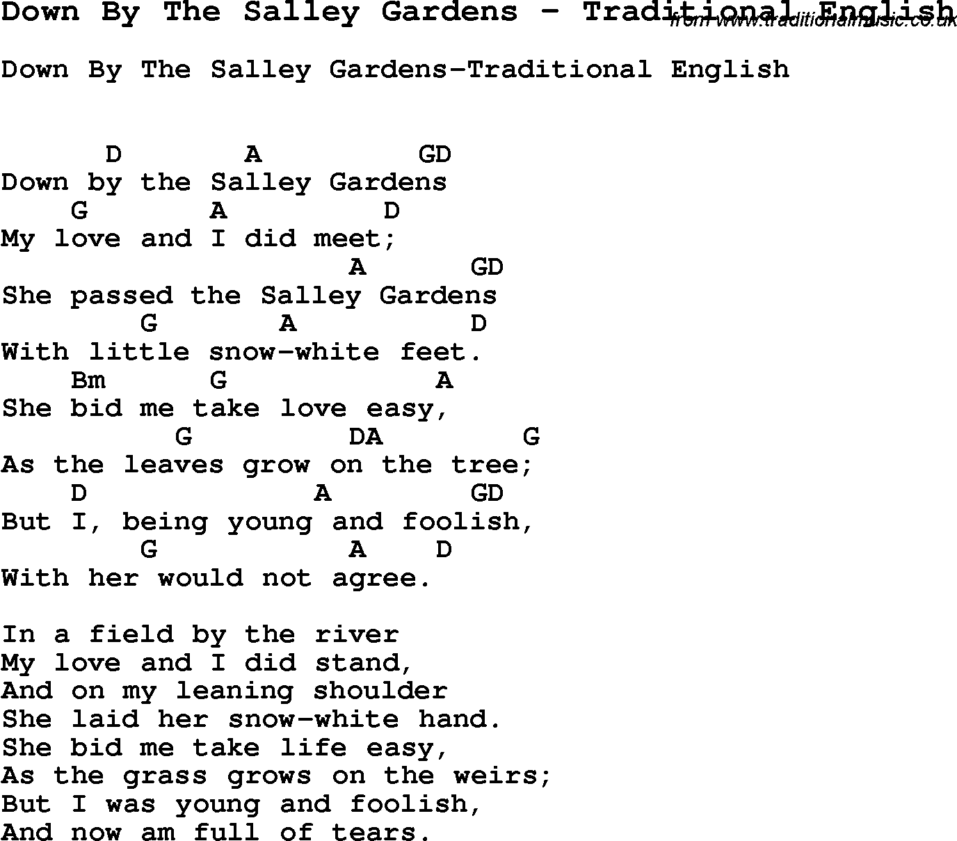 Song Down By The Salley Gardens by Traditional English, with lyrics for vocal performance and accompaniment chords for Ukulele, Guitar Banjo etc.