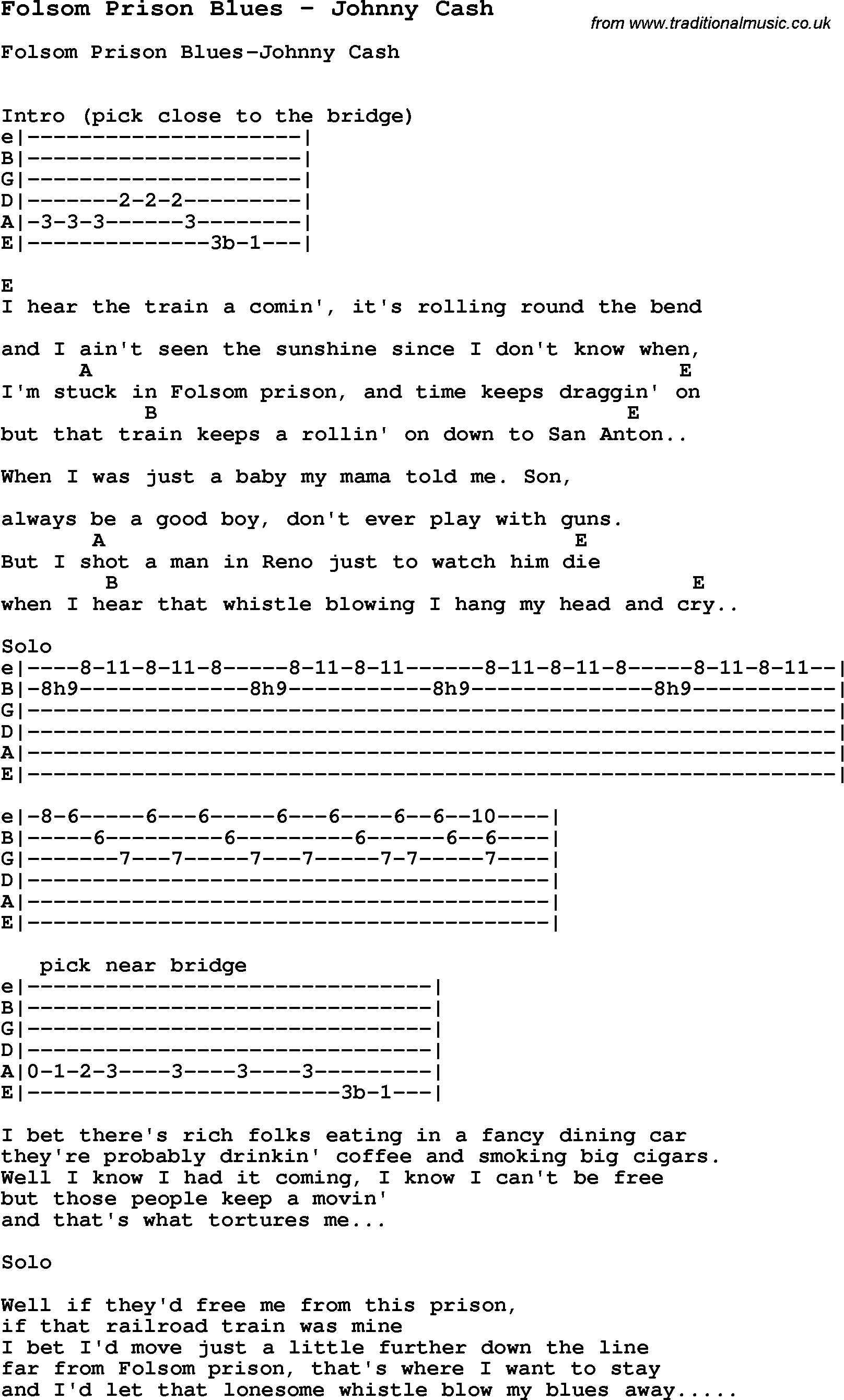 Song Folsom Prison Blues by Johnny Cash, with lyrics for vocal performance and accompaniment chords for Ukulele, Guitar Banjo etc.