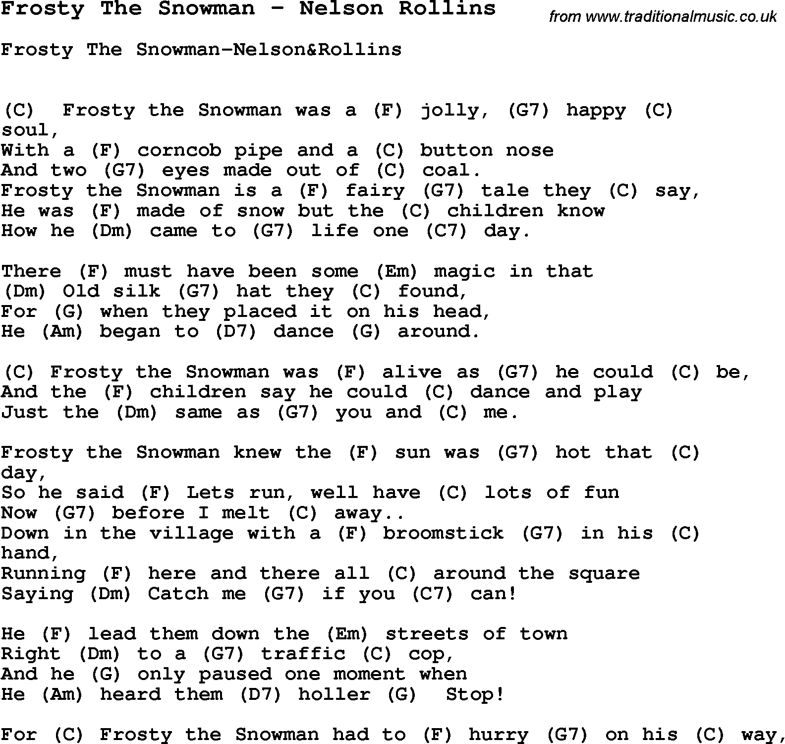 Song Frosty The Snowman by Nelson Rollins, with lyrics for vocal performance and accompaniment chords for Ukulele, Guitar Banjo etc.