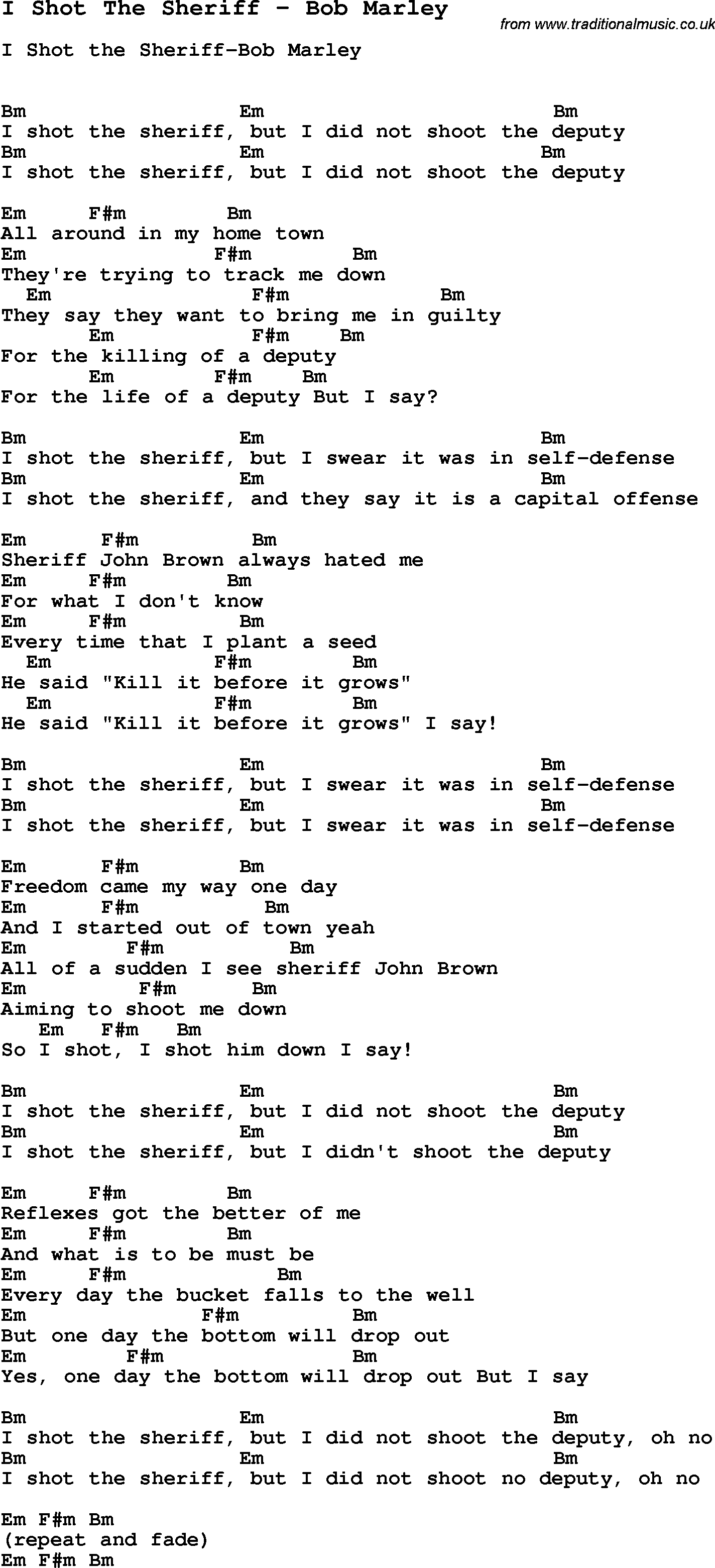 Song I Shot The Sheriff by Bob Marley, with lyrics for vocal performance and accompaniment chords for Ukulele, Guitar Banjo etc.