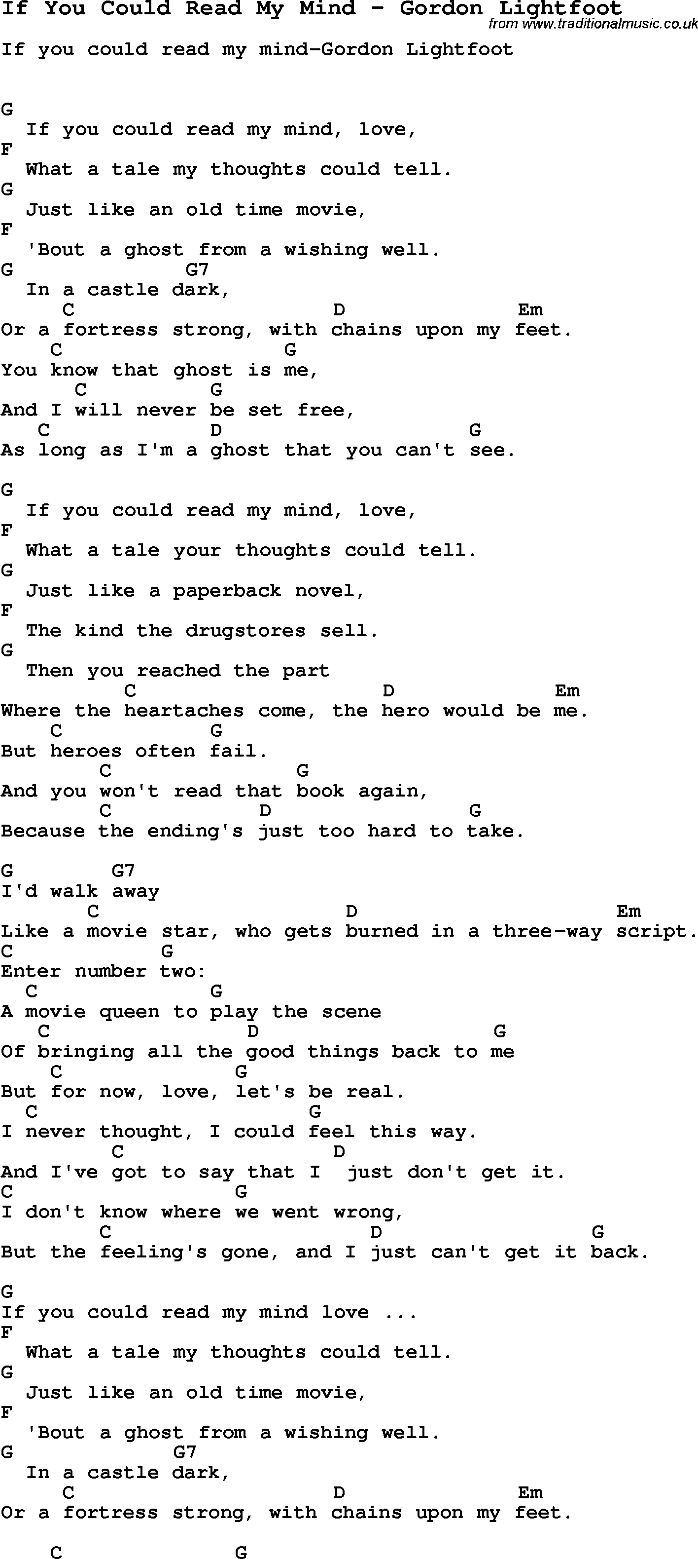 Song If You Could Read My Mind by Gordon Lightfoot, with lyrics for vocal performance and accompaniment chords for Ukulele, Guitar Banjo etc.