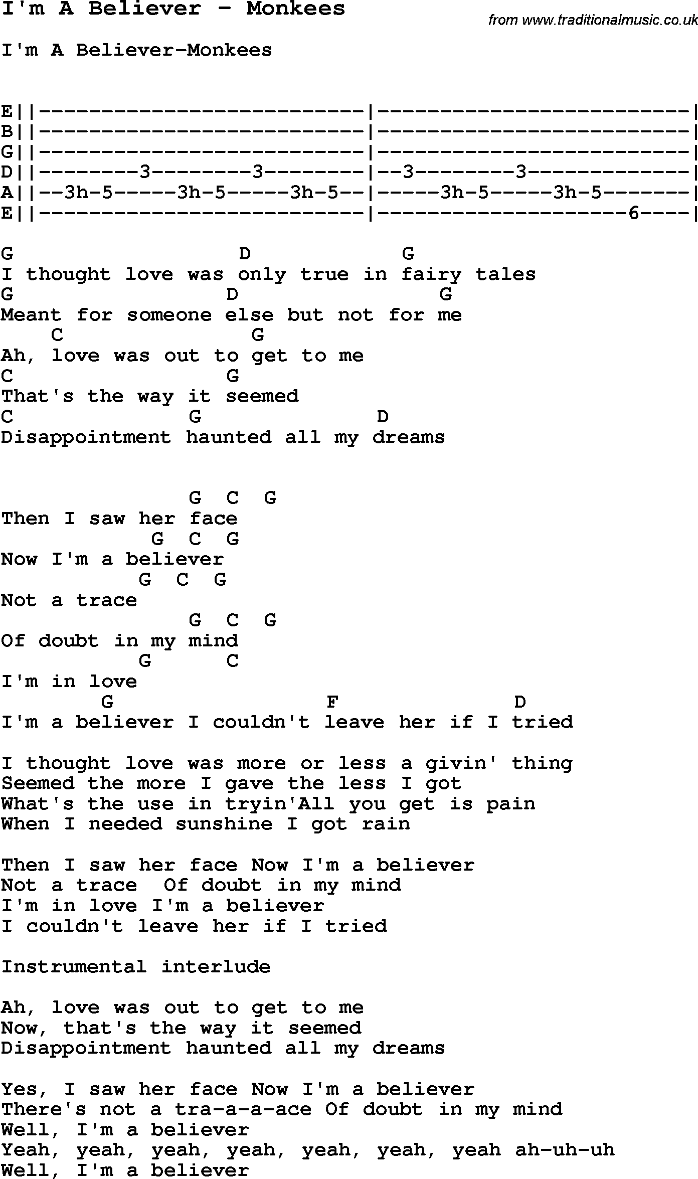 Song I'm A Believer by Monkees, with lyrics for vocal performance and accompaniment chords for Ukulele, Guitar Banjo etc.