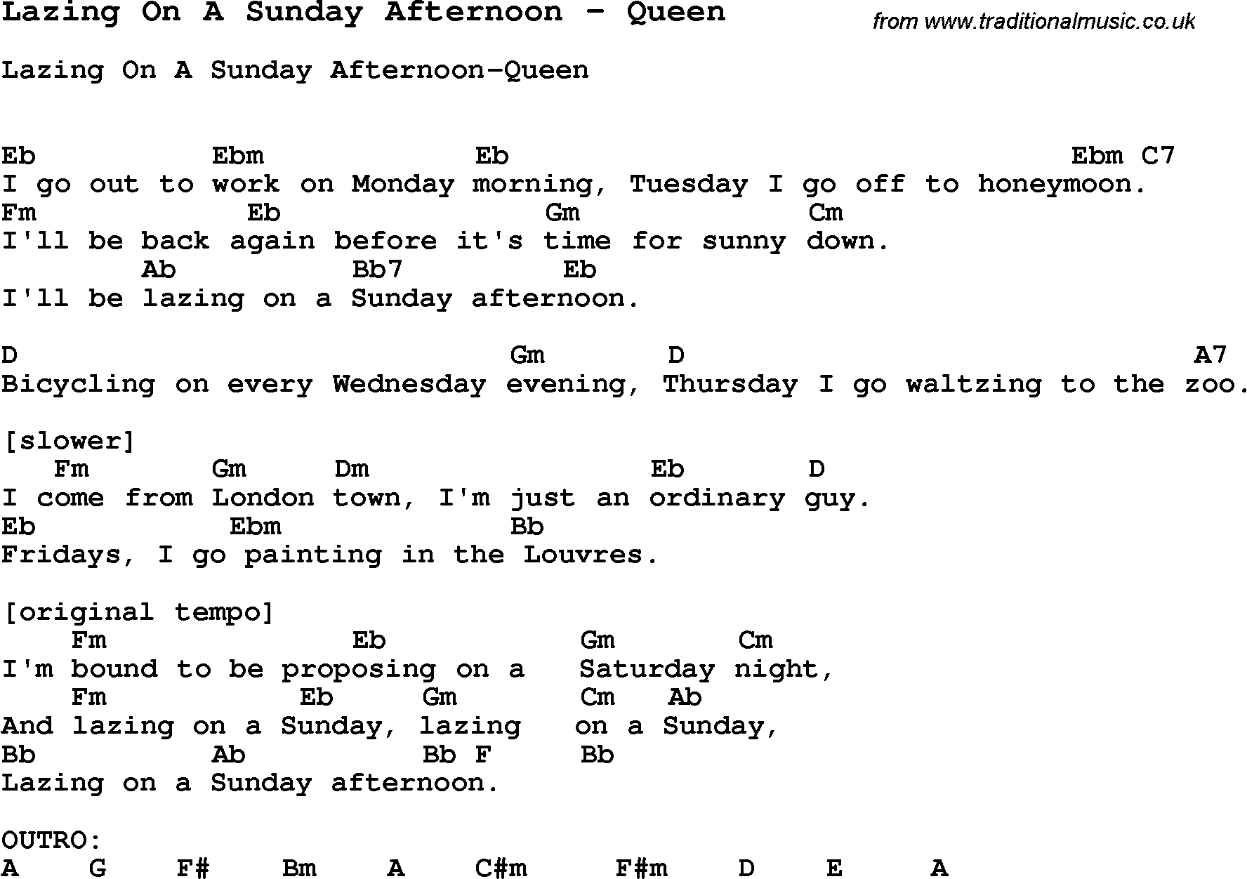 Song Lazing On A Sunday Afternoon by Queen, with lyrics for vocal performance and accompaniment chords for Ukulele, Guitar Banjo etc.