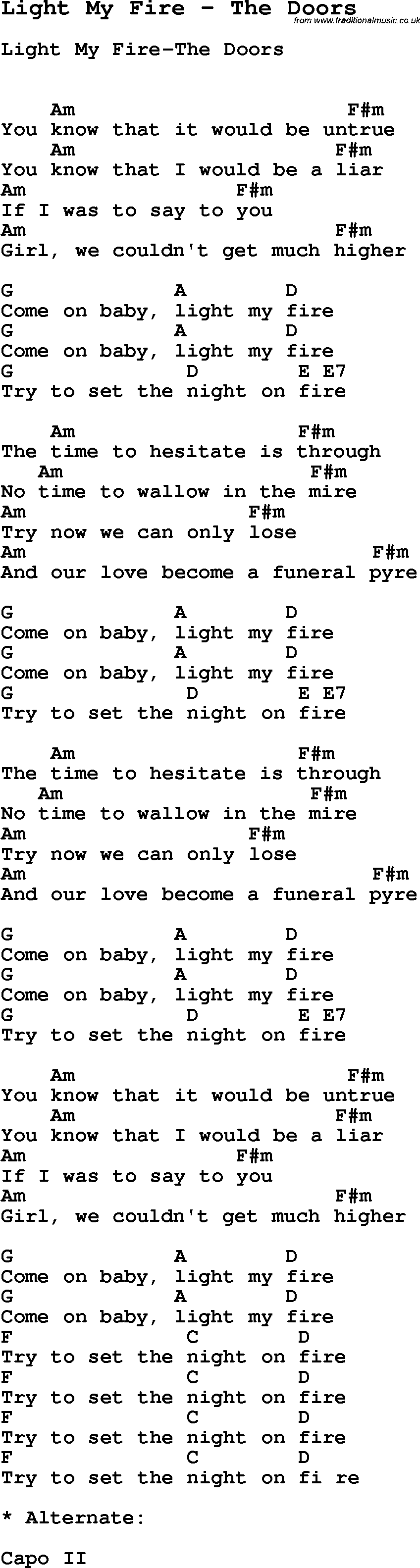 Song Light My Fire by The Doors, with lyrics for vocal performance and accompaniment chords for Ukulele, Guitar Banjo etc.