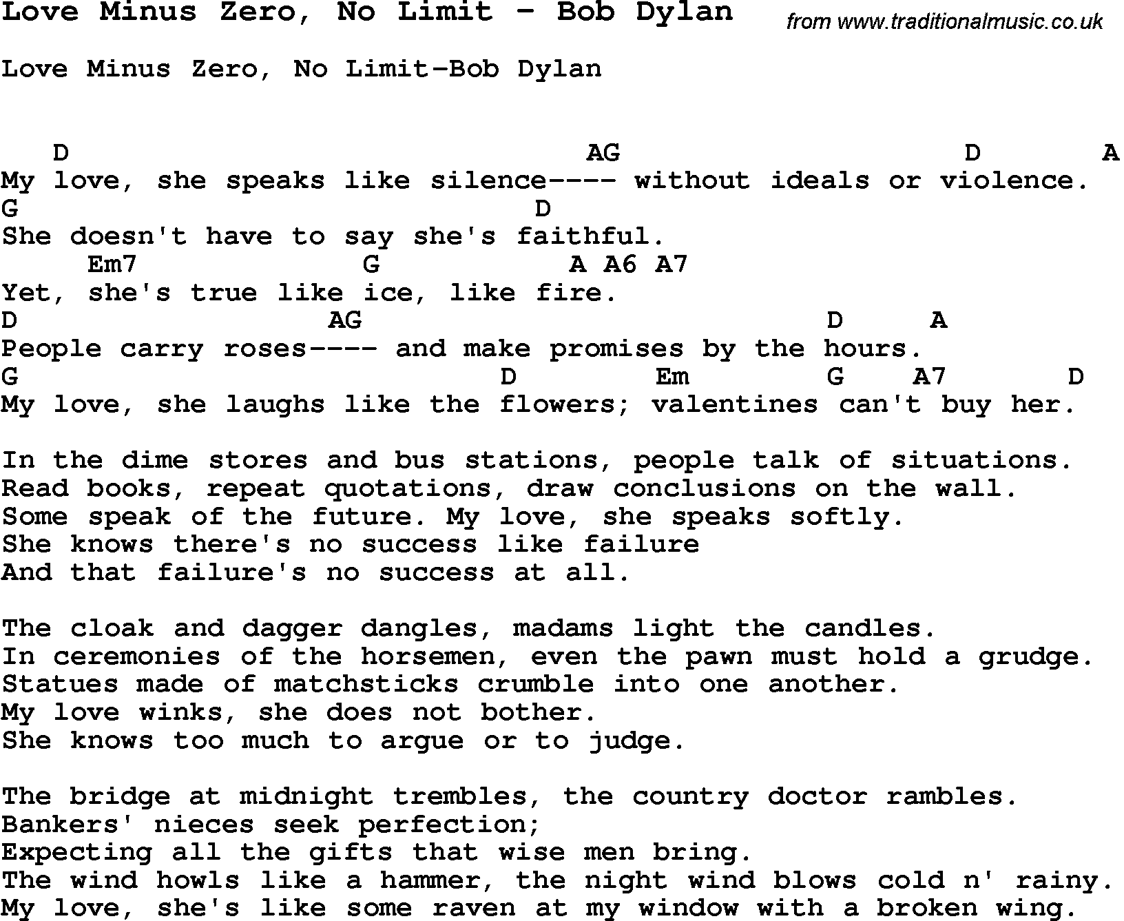 Song Love Minus Zero, No Limit by Bob Dylan, with lyrics for vocal performance and accompaniment chords for Ukulele, Guitar Banjo etc.