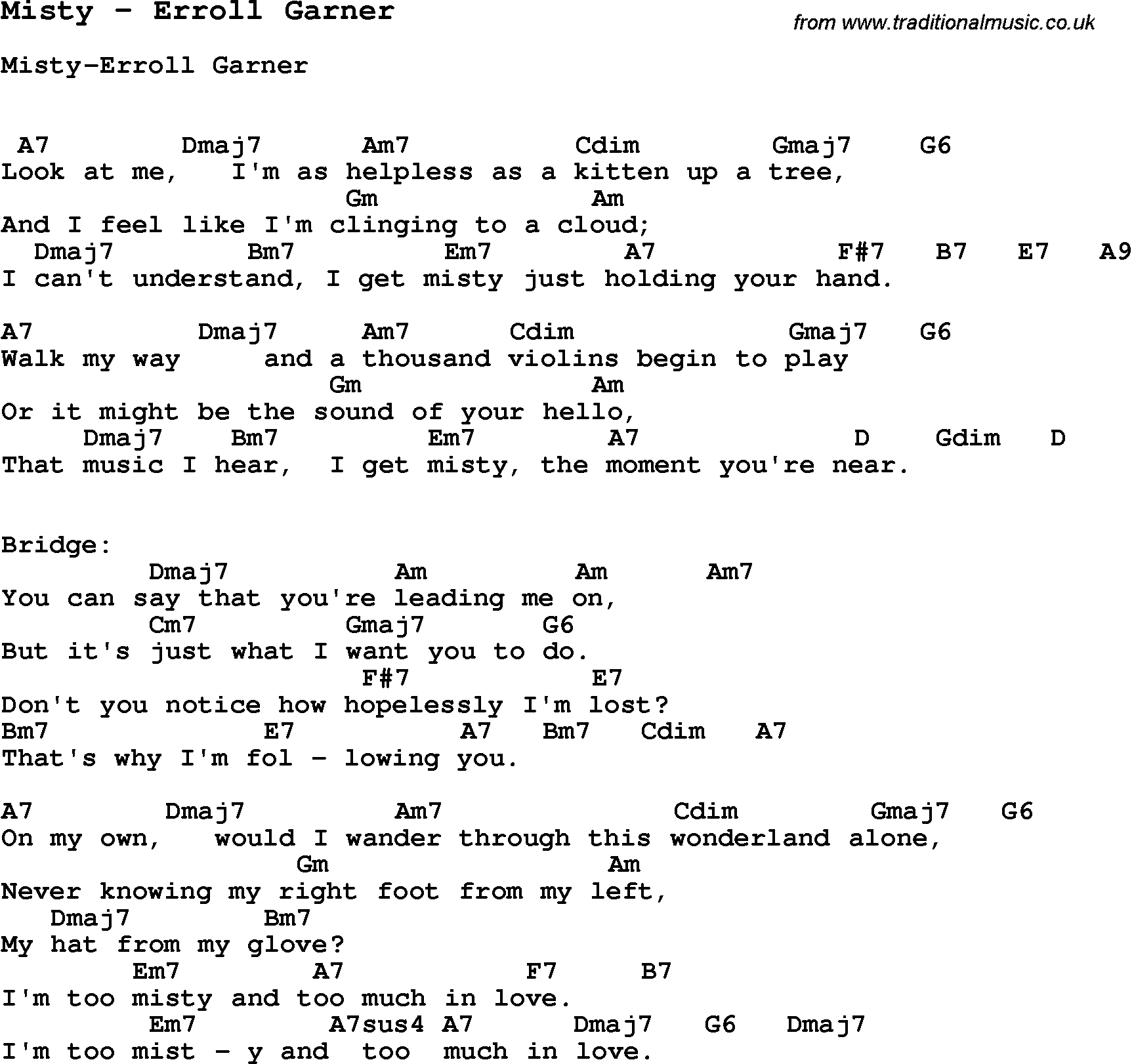 Song Misty by Erroll Garner, with lyrics for vocal performance and accompaniment chords for Ukulele, Guitar Banjo etc.