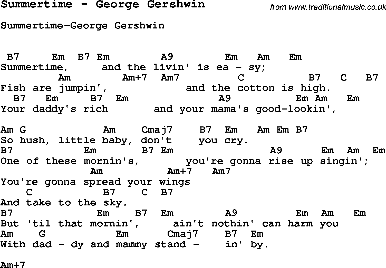 Song Summertime by George Gershwin, with lyrics for vocal performance and accompaniment chords for Ukulele, Guitar Banjo etc.