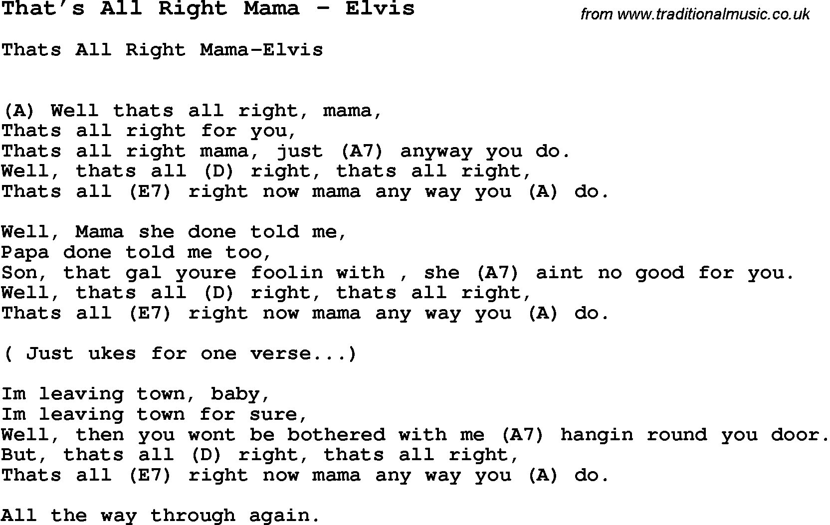 Song That’s All Right Mama by Elvis, with lyrics for vocal performance and accompaniment chords for Ukulele, Guitar Banjo etc.