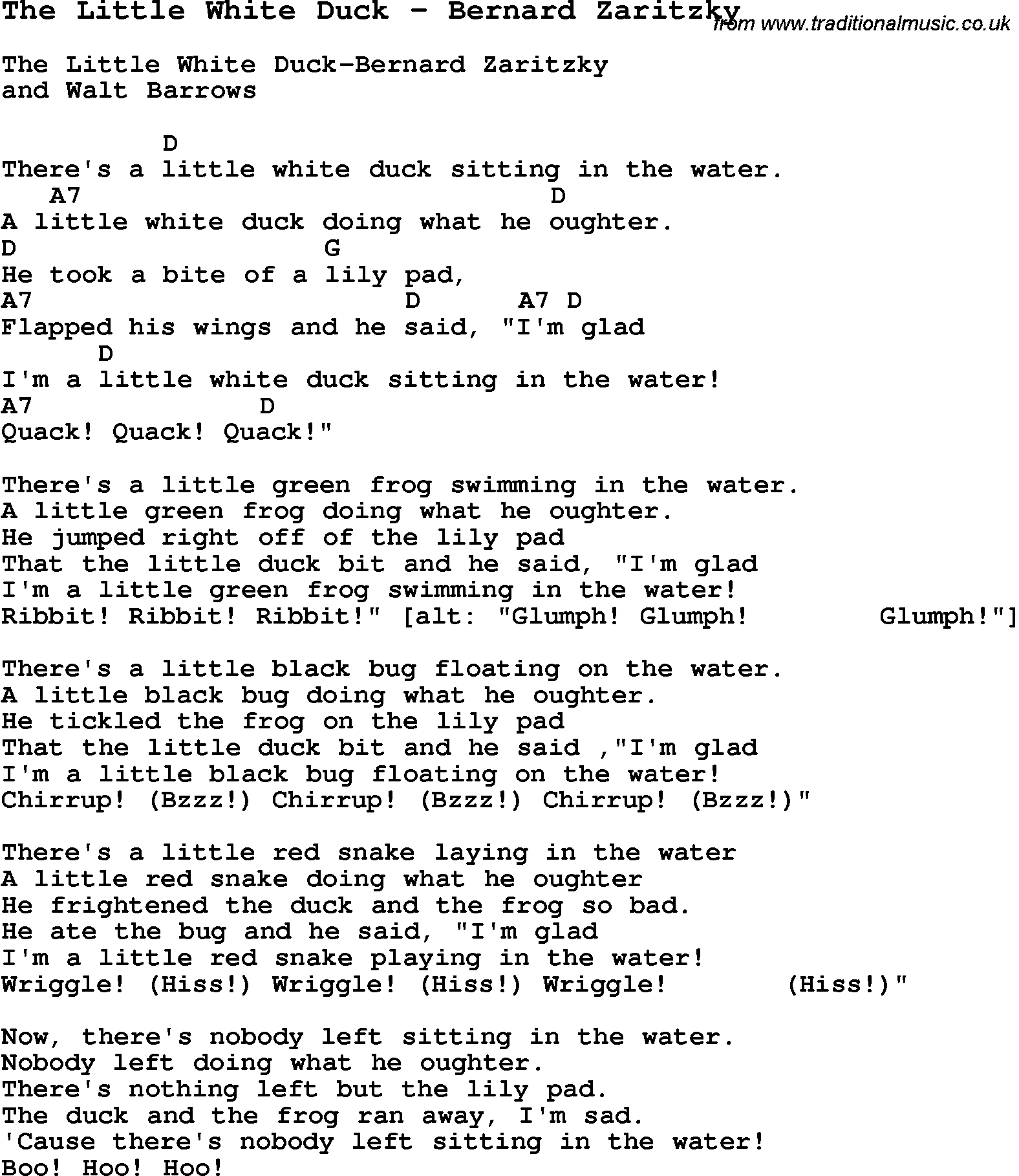 Song The Little White Duck by Bernard Zaritzky, song lyric for vocal