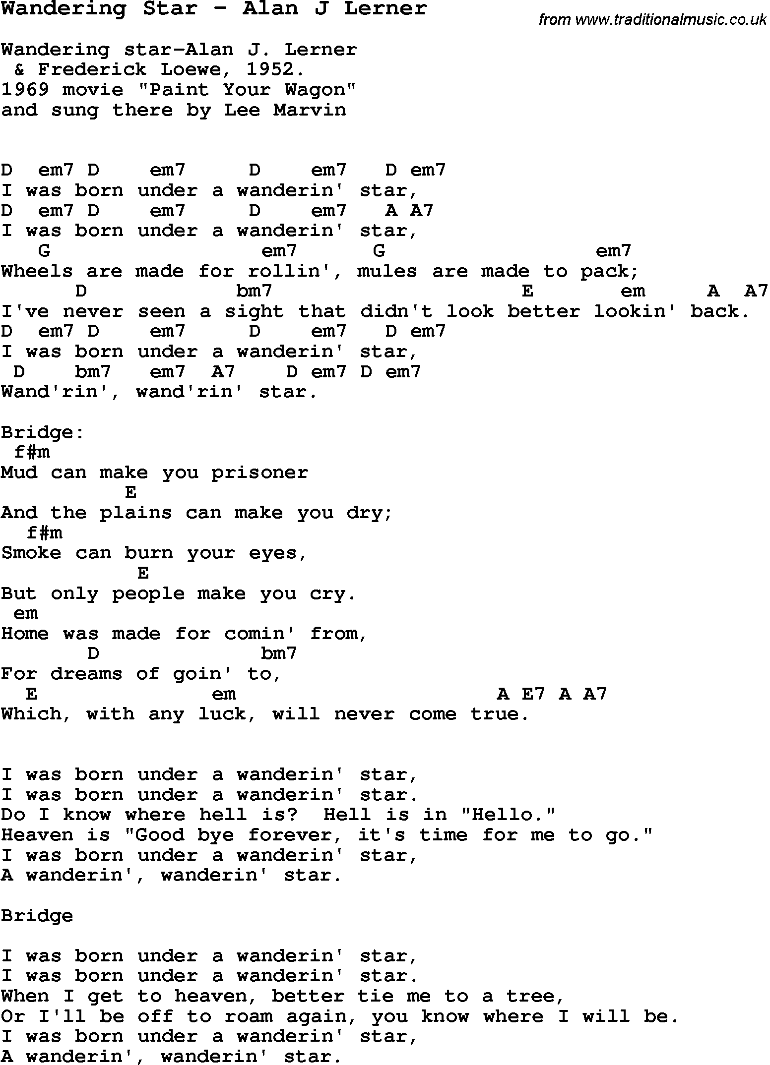 lyrics for wandering star