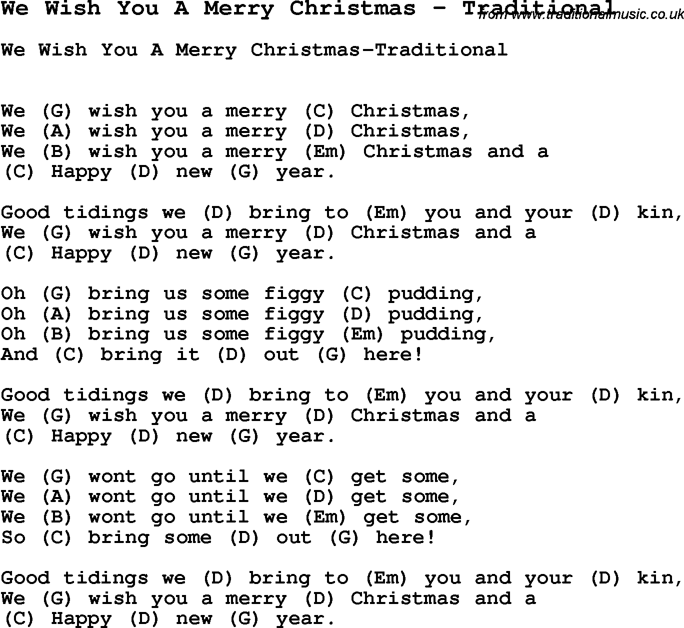 Song We Wish You A Merry Christmas by Traditional, song lyric for performance plus accompaniment for Ukulele, Guitar, etc.