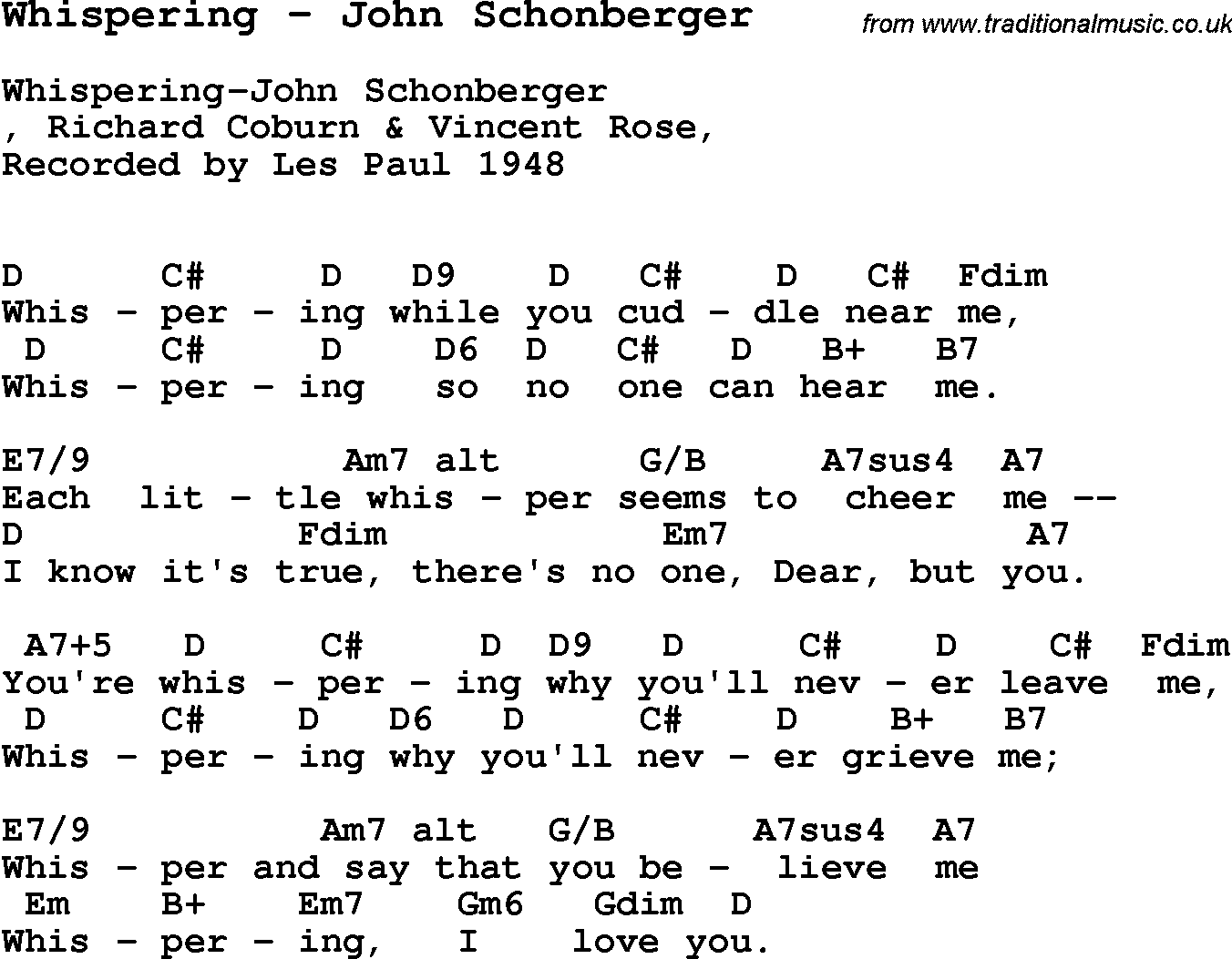 Song Whispering by John Schonberger, with lyrics for vocal performance and accompaniment chords for Ukulele, Guitar Banjo etc.
