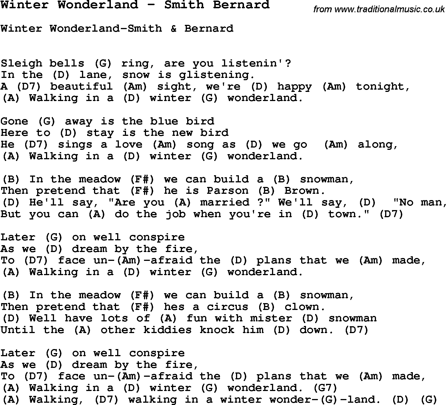 Song Winter Wonderland by Smith Bernard, with lyrics for vocal performance and accompaniment chords for Ukulele, Guitar Banjo etc.