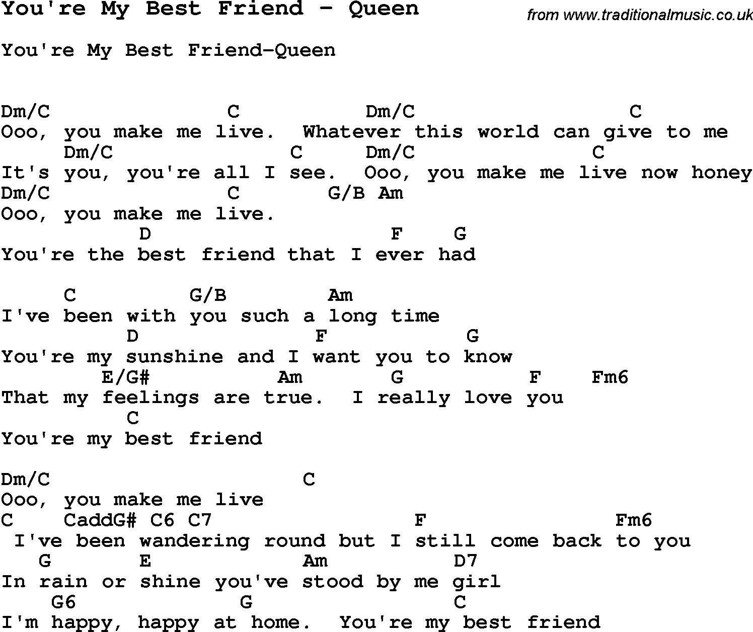 Song You're My Best Friend by Queen, with lyrics for vocal performance and accompaniment chords for Ukulele, Guitar Banjo etc.