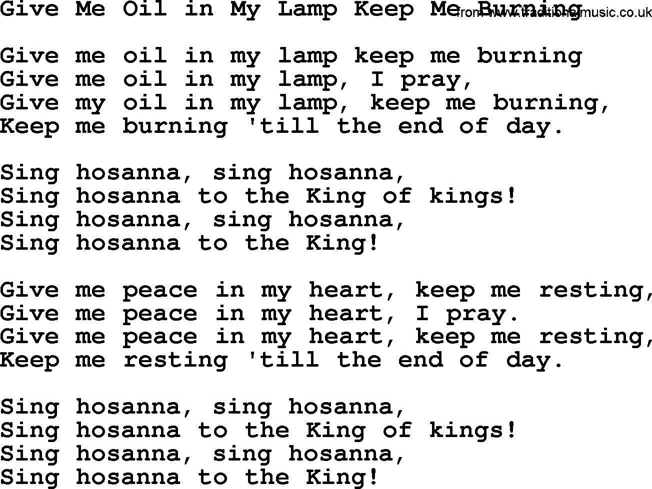 Bladeren verzamelen Grazen Vervoer Wedding Hymns and songs: Give Me Oil In My Lamp Keep Me Burning.txt -  lyrics, chords and PDF