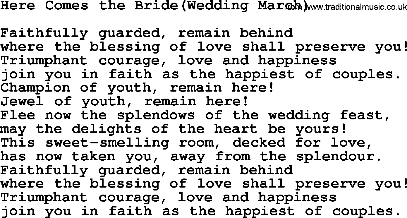 Most Popular Christian Wedding Hymns, Hymn: Here Comes The Bride-Wedding March-, lyrics and PDF