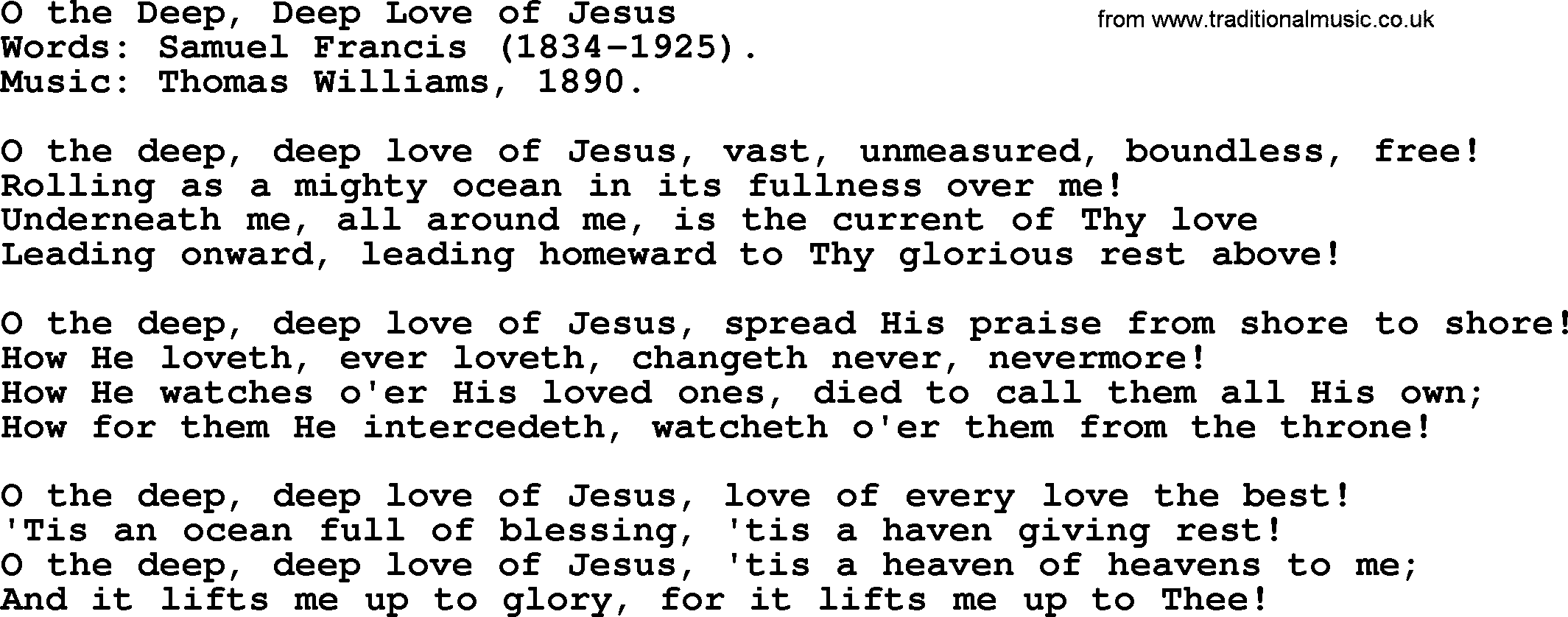 Most Popular Christian Wedding Hymns, Hymn: O The Deep, Deep Love Of Jesus, lyrics and PDF